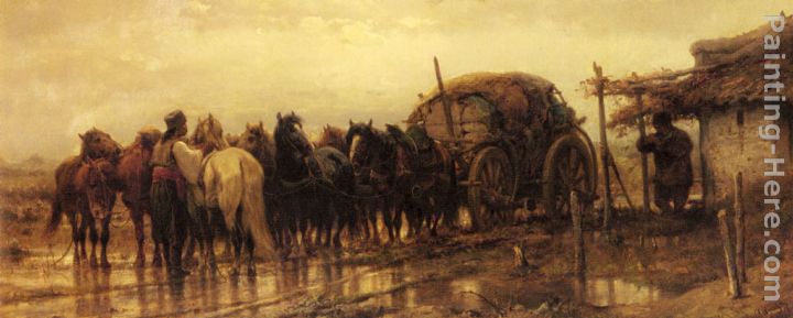 Hitching Horses to the Wagon painting - Adolf Schreyer Hitching Horses to the Wagon art painting